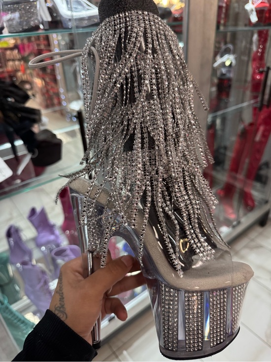 Pleaser Shoes - Pleaser Silver Rhinestone look Fringe Platform Heels